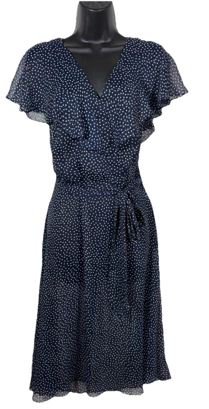 Navy White Polka Dot Dress Christopher & Banks Womens Midi Belted Sheer Small